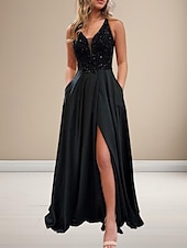 cheap BLACK-A-Line Evening Gown Glittering Dress Prom Birthday Sweep / Brush Train Sleeveless V Neck Sequined Crisscross Back with Glitter Beading Sequin