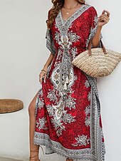 olcso Boho ruha-Női Midi ruha Köntösruha Csehország Alkalmi Denevérujj Vakáció Napi Tengerpart Laza öltözet Grafika Rövid ujjú V-alakú Rubin Medence Nyár