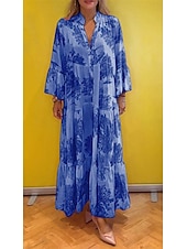 preiswerte Ausgefallene Kleider-Damen kleid lang Casual kleid Schaukelkleid Sommerkleid Elegant Modisch Modern Täglich Strand Wochenende Regular Fit Blumen Langarm Gespaltener Hals Hellgrün Rosa Rote Violett Sommer
