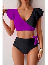 preiswerte Bikini-Sets-Damen Badeanzug Bikini Bademode Hoch tailliert Tropisch Strandbekleidung Farbblock V-förmiger Draht-Ausschnitt Ärmellos Badeanzüge