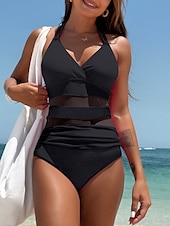 voordelige Eendelige badpakken-Dames Badpakken Een-delig Monokini Badpak Net Slim Hoge Taille Vakantie Strandmode Effen Kleur Halter Hals Mouwloze Badpakken