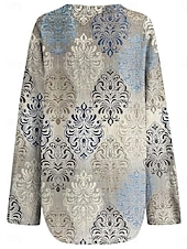 tanie Damskie topy boho-Damskie Bluzka Graficzny Geometryczny Zabytkowe Codzienny Długi rękaw W serek Zwykłe topy Codzienny Święto Ubrania wakacyjne Nadruk Niebieski Lato Wiosna