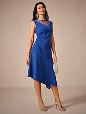 abordables vestidos de fiesta de diseño-Mujer Vestido Midi Vestido de Punto Elegante Fiesta Cita Ajuste regular Color sólido Sin Mangas Cuello Barco Azul Real Verano