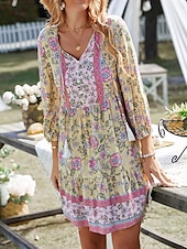 billiga Bohemklänningar-Dam Mini klänning Vardagsklänning Sommarklänning Boho-klänning Mode Utomhus Semester Dagligen Normal Blommig 3/4 ärm V-hals Gul Rodnande Rosa Blå Grön Sommar