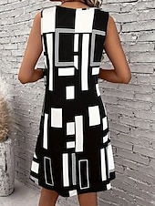 preiswerte Streifen- und geometrische Kleider-Damen Mini Kleid A-Linien Kleid Sommer Kleid Schulterfreies Kleid Urlaub Lässig Täglich Lockere Passform Grafik Geometrisch Ärmellos U-Ausschnitt Schwarz Sommer
