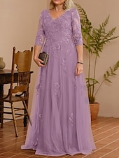 cheap Floor Length-A-Line Mother of the Bride Dress Wedding Guest Elegant V Neck Floor Length Lace Tulle 3/4 Length Sleeve with Beading Appliques 2025