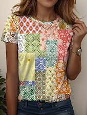 abordables T-shirt Boho-Femmes T-shirt Fleuri Graphique Vintage Élégant Occasionnel Manche Courte Col rond Hauts Réguliers Quotidien Week-end Imprimé Jaune Rouge Bleu Bleu clair Été Printemps