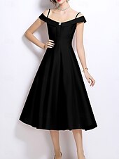 levne Koktejlové šaty-Šaty v A-linii pro večírky Elegantní šaty pro svatbu Svatební hosté Délka po čaj bez rukávů off-shoulder polyester bez zadního dílu s záhyby