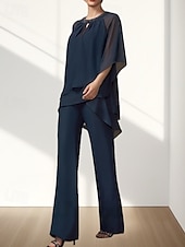abordables Longueur du plancher-Ensemble Deux Pièces Combinaison Robe de Mère de la Mariée Invité de Mariage Élégante Col Montant Longueur de Sol Crêpe Manches 3/4 Avec Ruchés Perles 2025