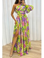 cheap Elegant Floral Dresses-Women&#039;s Long Dress Maxi Dress Prom Dress Party Dress Print Dress Elegant Fashion Party Special Occasion Regular Fit Flower Long Sleeve One Shoulder Yellow Purple Green Summer