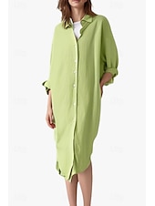 economico Camicie-Per donna Abito Midi Abito Camicia Abito in cotone e lino Moda Essenziale Classico Vacanza Ferie Uscire Vestibilità regolare Semplice Manica Lunga Colletto a Camicia Nero Bianco Verde chiaro Rosa