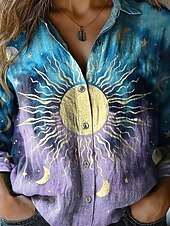 billige Kvinnenes Kunst &amp; Design Topper-Dame Skjorte Grafisk Stjerne Fritid Langermet Skjortekrage Vanlige topper Arbeid Daglig Knapper Trykt mønster Blå Vår Høst Vinter