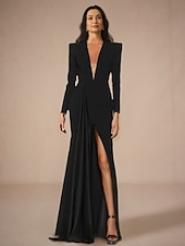 baratos PRETO-Vestido de noite em A-line vestido elegante formal cauda de arraste mangas longas gola em V crepe elástico com pregas fenda