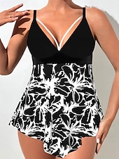 olcso Bikiniszettek-Női Extra méret Fürdőruha Bikini Tankini 2 darab Merész Fürdőruha Mély-V Push up Kötött Stílusos Strandruházat Virág Merüljön el Ujjatlan Fürdőruhák