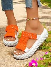 billige Uformelle sandaler-vevde plattformsandaler for kvinner - trendy gule lysbilder med åpen tå, behagelig sommerfottøy for fritids- og ferieklær