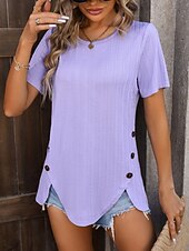 abordables Débardeur Simple-T-shirt Femme Uni Mode Moderne Décontracté Manches Courtes Col Rond Tops Quotidien Week-end Boutons Noir Blanc Violet Fuchsia Été