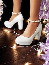 cheap Prom-Women&#039;s White High Heel Pumps with Pearl Ankle Strap – Elegant Platform Heels for Weddings, Prom, and Formal Occasions