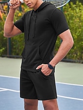 cheap Men's Basic Tees sets-Men's Tracksuit T shirt &amp; Shorts Outfit Set Hoodie Outdoor Daily Sports Pocket Drawstring Plain Wine Red Black White Polyester Activewear Streetwear Lightweight Summer