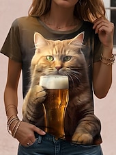 billige Dyrene tee-Dame T skjorte Katt Stilfull Fritid Kortermet Rund hals Vanlige topper Daglig Helg Trykt mønster Brun Sommer Vår
