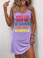 cheap Humor&amp;Quotes Dress-Women&#039;s GOD Mini Dress A Line Dress Summer Dress Off The Shoulder Dress Casual Party Daily Holiday Loose Fit Graphic Letter Sleeveless U Neck Black White Pink Blue Summer