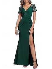 abordables Robes pour invitées de mariage-Sirène / Trompette Robes pour invités de mariage Élégant Robe robe demoiselle d honneur Longueur au sol Manche Courte Col en V Invité de mariage d&#039;automne Dentelle avec Froncé Fente 2025