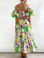 levne květinové šaty-Ženské plus size maxi šaty A-linie šaty mléčná sláma šaty off the shoulder šaty s puff rukávy dovolená outdoor každodenní běžný střih jednobarevné krátký rukáv off shoulder žlutá světlá