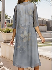 cheap Floral Dress-Women&#039;s Graduation Midi Dress 2 Pieces Dress Set A Line Dress Summer Dress Vacation Casual Floral Graphic Pleated Print Half Sleeve Crew Neck Vacation Daily Gray Spring Fall Regular Fit