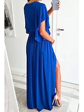 preiswerte Weiße Freizeitkleider-Damen kleid lang Formelle Kleidung Modisch Trompetenärmel Party Verabredung Regular Fit Glatt Kurzarm V Ausschnitt Schwarz Rote Blau Khaki Sommer