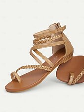 olcso Nyári szandálok-női barna fonott gladiátor szandál – bohó pántos gyűrűs szandál nyári strand-, hétköznapi és nyaralási viselethez