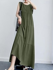 abordables Robes-Femmes Robe Longue Maxi Robe Robes inspirées du lin Robe Décontractée Mode Classique Moderne Vacances Sortir Week-end Coupe régulière Uni Sans manches Col ras du cou Noir Vert Gris Été