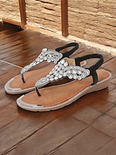 baratos Mulheres-sandálias femininas estilo boho marrom enfeitadas – calçados de tiras baixas adornados com cristais para festivais de verão, viagens à praia e reuniões casuais
