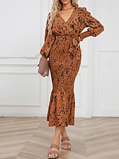 preiswerte abendkleider-Damen Midikleid Cocktailkleid Etui-Kleid Mode Urlaub Ferien Teegesellschaft Normale Passform Leopard Langarm V Ausschnitt Schwarz Khaki Aprikose Sommer