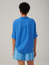 abordables chemises, hauts et chemisiers-chemise bleue minimaliste à col en V de style vacances