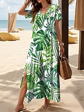 ieftine Rochii florale-Pentru femei Rochie Maxi Rochie de Vară Rochie A line Vacanță Casual Fit regulat Grafic Frunză Tropical Manșon scurt În V Trifoi Vară Primăvară