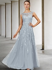 olcso Padlóhossz-A vonalú menyasszonyi anyák ruha esküvői vendég elegáns luxus ékszer nyakú floor length csipke tüll ujjatlan sávval  szalaggal gyöngyözött flitterekkel egyedi méretben