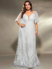voordelige Onder 129,99 $-Plus Size Jurk Moeder van de Bruid Curve Jurk Elegant V Hals Vloerlengte Polyester Korte Mouw met Kant