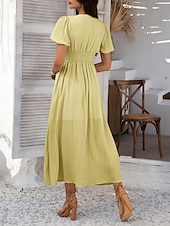preiswerte Einfaches Kleid-Damen Maxi Kleid A-Linie Kleid Einfarbig Fit And Flare Kleid Puffärmelkleid Lässig Urlaub Täglich Reguläre Passform Grafik Kurzarm V-Ausschnitt Schwarz Gelb Pink Himmel Blau Sommer