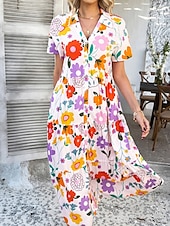 billiga Blommiga klänningar-Kvinnors Maxi Klänning A Linje Klänning Fit Och Flare Klänning Avslappnad Semester Daglig Regular Fit Grafisk Kort Ärmar V Hals Vit Gul Rosa Khaki Sommar