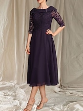 preiswerte Teelänge-A-Linie Brautmutterkleid Hochzeitsgast Elegante gewellte Ausschnitt Tee-Länge Chiffon Spitze Halbarm mit Spitze Perlen Midi Kleid 2025