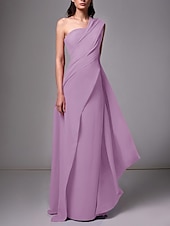 baratos VERMELHO-Vestido de Gala na Praia Tipo Tubo Elegante Vestido Formal Comprimento da Barragem Sem Mangas Um Ombro Chiffon Stretch com Pregas Franzido Fantasia 2025