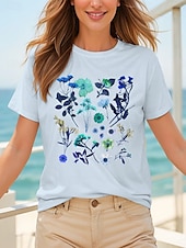 ieftine Tricou de Ziua Mamei-Pentru femei Tricou Cămașă din bumbac Floral Grafic Casual Manșon scurt Rotund Topuri obișnuite Zilnic Imprimeu Roz Îmbujorat Alburiu Albastru Deschis Vară