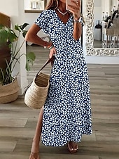 billiga Konst &amp; Design Klänning-Damklänning maxi A-linjeformad klänning sommarklänning elegant semester casual semester daglig regular fit blommig grafisk prickig kort ärm V-hals dammig blå sommar vår höst