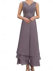economico Tailleur pantalone della mamma-Set di Abiti Madre della Sposa Abito Ospite di Matrimonio Elegante Semplice V Collo Lunghezza Piena Poliestere Maniche Lunghe con Ricamo