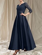 billiga Golvlängd-A-linje brudens mor klänning bröllopsgäst Elegant V-hals golvlängd satinspets 3/4 längd ärm med spets