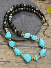 abordables Bijoux pour hommes-Collier de perles en pierre naturelle fait main pour homme – ras du cou style bohème vintage turquoise et agate noire, bijoux tribaux pour la plage, les voyages et les tenues décontractées