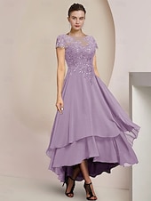 economico Lunghezza del pavimento-Abito A-line Madre della Sposa Abito Ospite di Matrimonio Formale Elegante Alto-Basso Collo a Barchetta Asimmetrico Lunghezza Tea Chiffon Pizzo Manica Corto con Applicazioni in Paillettes 2025 taglia
