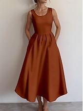 abordables Robe Simple-Femmes Robe Midi Robe d&#039;Été Robe trapèze Robe à épaules dénudées Vacances Occasionnel Sortir Coupe régulière Couleur Unie Graphique Uni Sans manches Col en U Noir Blanche Vin Bleu Océan Été