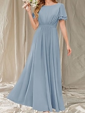baratos Vestidos para Madrinhas-Vestido de dama de honra em linha A, gola redonda, manga curta, elegante, comprimento até o chão, chiffon com faixa / fita / franzido 2025