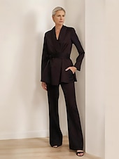 cheap Mom&#039;s Pant Suits-Pantsuit Mother of the Bride Suit Blazer Shawl Lapel Elegant Vintage Simple V Neck Long Sleeve With Wrap on Waist Floor Length Flared Pants Stretch Satin