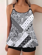 billiga Tankinis-Dam Plusstorlekar Badkläder Tankini 2 st Längre baddräkt Pojkeben Baddräkt Hög midja Stickat Stylish Sportig Paisley Genomskinlig Rund hals Ärmlös Baddräkter